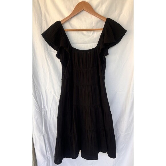 Xirena Black Tiered Mini Dress V Neck Flutter Sleeves Bow Drawstring Flowy Gauze - Picture 5 of 9